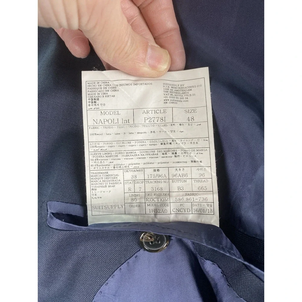 SuitSupply Suit Jacket 38 R Blue Wool Vitale Barberis Canonico Napoli Designer